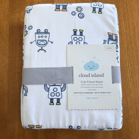 NEW Cloud Island Fitted Crib Sheet ROBOTS Boy Baby Infant 100% Cotton Elastic - Picture 1 of 7